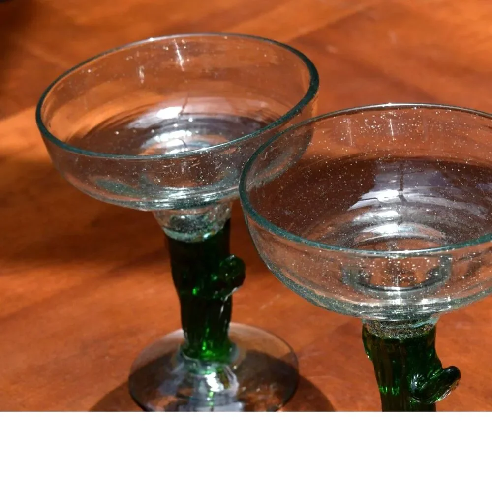 Set of 3 Mexican Hand Blown Cactus Stem Margarita Glasses Blown Heavy Barware